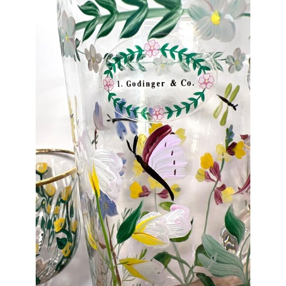 I Godinger & Co. Glass Pitcher & Goblet Set Gold Rims Hand-Painted - Picture 4 of 13